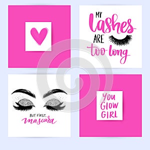 Set with fashion cards with inspiration quote about girls, lashes, makeup.