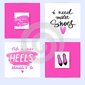 Set with fashion cards with inspiration quote about girls, lashes, makeup.