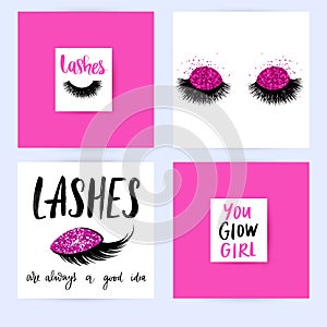 Set with fashion cards with inspiration quote about girls, lashes, makeup.