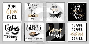 Set with fashion cards with inspiration quote about girls, lashes, makeup.