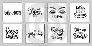 Set with fashion cards with inspiration quote about girls, lashes, makeup.