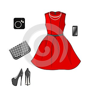 Set of fashion clothes: red dress, shoes, clutch and accessories