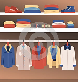 Set of fashion collection of man wardrobe. Various male clothing - Set of men clothes and accessories icons. Flat style