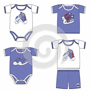 Set of fashion costumes for babies with prints with sport shoes. Trendy tracksuits for baby boy in blue and white colors.