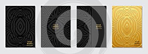 Set of fashion covers, vertical vector templates. Collection of black and gold backgrounds with 3d geometric pattern. Tribal ethni