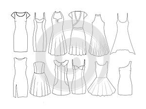 Set of Fashion Flat templates Sketches - Woman dresses - short and medium length photo