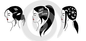 Set of  fashion girl profiles with trendy hairstyle for women. Women with hairpins and hair clips with pearls on hair. Vector