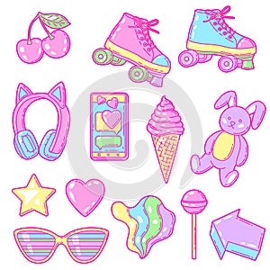 Set of fashion girlish items. Colorful cute teenage illustration.