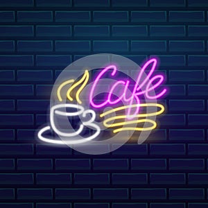 Set of fashion neon sign. Night bright signboard Cafe, Glowing light banner. Summer logo, emblem. Club or bar on dark