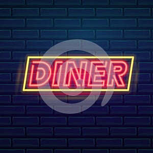 Set of fashion neon sign. Night bright signboard Dinner, Glowing light banner. Summer logo, emblem. Club or bar on dark