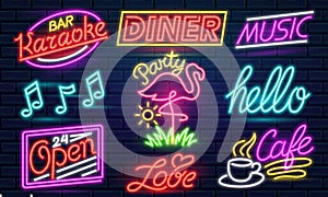 Set of fashion neon sign. Night bright signboard, Glowing light banner. Summer logo, emblem. Club or bar on dark