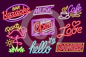 Set of fashion neon sign. Night bright signboard, Glowing light banner. Summer logo, emblem. Club or bar on dark