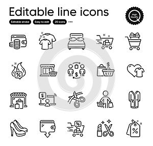 Set of Fashion outline icons. Contains icons as Wallet money, Wallet and Online shopping elements. For website. Vector