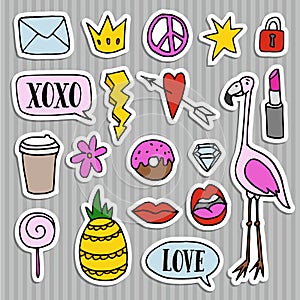 Set of fashion patches, badges, pins, stickers. Cool trendy hand drawn design. Isolated objects photo