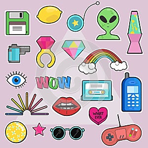 Set of fashion,pop art chic patches, badges,pins, stickers with elements 80s-90s comic style. photo