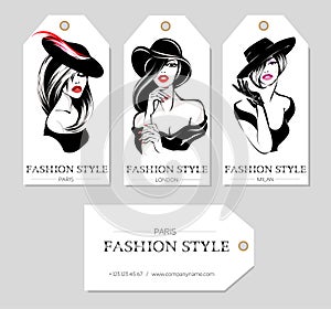 Set of fashion tags with beautiful black and white women wearing hats, sketch style, Paris, London, Milan business card, beauty gi