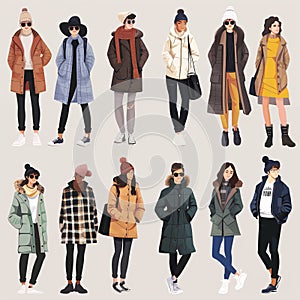 Set of fashion women in winter clothes.