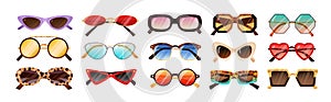 Set of fashionable sunglasses different shape and color vector illustration. Collection of modern and vintage