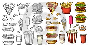 Set fast food. Coffee, hamburger, pizza, hotdog, fry potato, popcorn photo