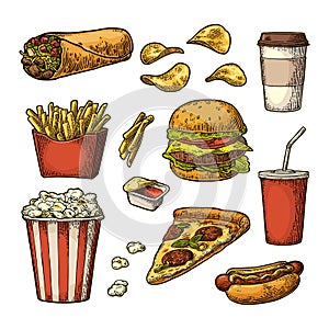 Set fast food. Cup cola, coffee, hamburger, pizza, hotdog, fry potato in paper box, carton bucket full popcorn and