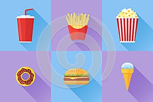 Set of fast food flat icons with long shadow. Vector illustration.