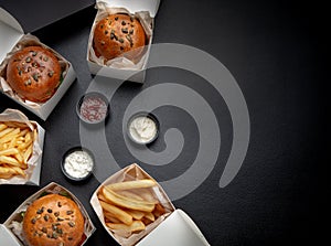 Set of fast food for friends or workers, online ordering and delivery during covid-19 lockdown