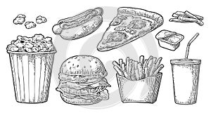 Set fast food. Glass of cola, hamburger, pizza, hotdog, fries potato in paper box, carton bucket full popcorn