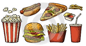 Set fast food. Glass of cola, hamburger, pizza, hotdog, fries potato in paper box, carton bucket full popcorn photo