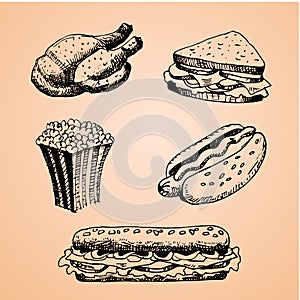 Set with fast food hand drawn illustration. Sketch vector illustration. Fast food restaurant, fast food menu. Chicken, Sandwich