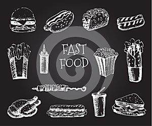 Set with fast food hand drawn illustration. Sketch vector illustration. Fast food restaurant, fast food menu. Hamburger, hot dog,