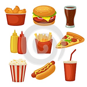 Set fast food icon. Cup cola, chips, burrito, hamburger, pizza fried chicken legs symbol for fast food delivery or takeaway packag