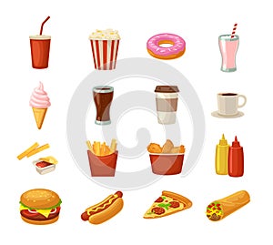 Set fast food icon. Cup cola, hamburger, pizza, burrito