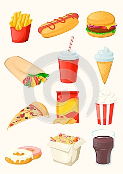 Set of fast food icon. Isolated. Cartoon vector.