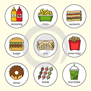 Set of fast food icons. Drinks, snacks and sweets. Colorful outlined icon collection.