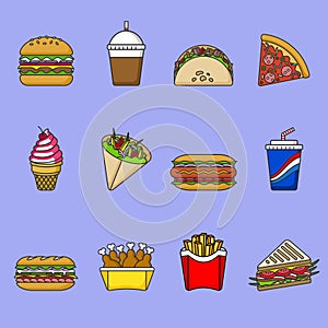 Set of fast food icons. Drinks, snacks and sweets. Colorful outlined icon collection. Vector illustration on white background.