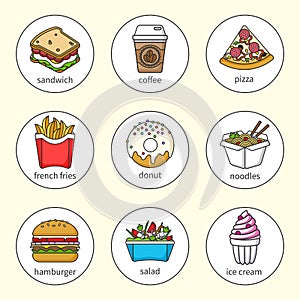 Set of fast food icons. Drinks, snacks and sweets. Set1 photo