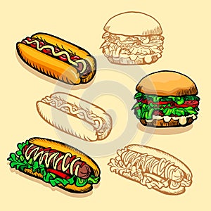 Set of Fast food. Illustration of burgers and hot dogs. Retro design.