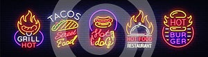 Set Fast Food Logos. Collection neon signs, Street Food Hot Grill, Tacos, Hot Dog, Burger cafe, Restaurant. Design