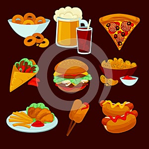 Set of fast food meals. Collection cartoon snack icons