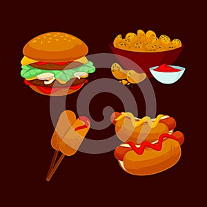 Set of fast food meals. Collection cartoon snack icons