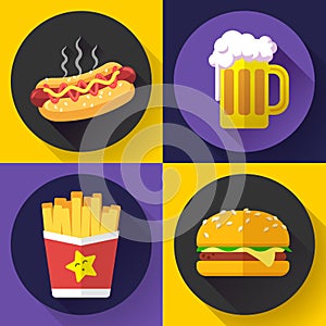 Set of fast food menu and beer icons. Flat design style.