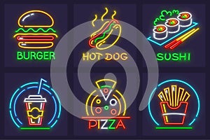 Set of fast food neon icons hamburger