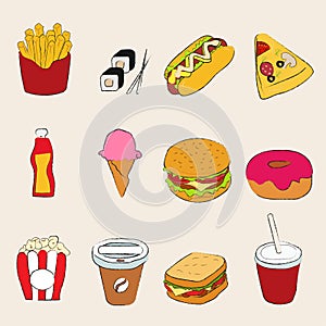 A set of fast food products. french fries,rolls,hot dog,pizza slice,ketchup bottle,ice cream,hamburger,donut,popcorn,coffee,