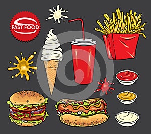 Set of fast food. Realistic hot dog, hamburger, ice cream, a glass with soda and blots of ketchup, mustard and mayonnaise.