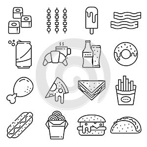 Set of Fast Food Vector Line Icons. Contains such Icons as Pizza, Tacos
