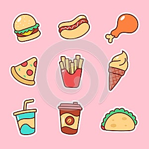 Set of fast food vectors with a cute design on pink background