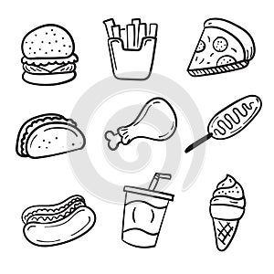 Set of fast foods vector illustration in cute doodle style