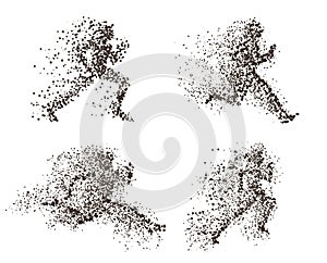 Set of fast running man abstract illustrations. Divergent particles vector concepts