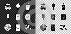 Set Fast street food cart, Cotton candy, Paper glass with straw, Pizza, Soda, Candy, Ice cream and Coffee cup go icon