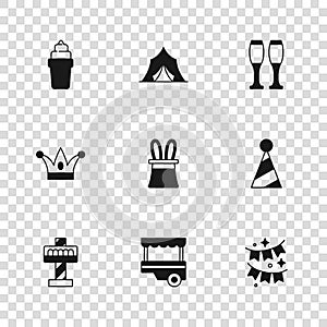 Set Fast street food cart, Party hat, Carnival garland with flags, Magician rabbit ears, Bowling pin, Ice cream waffle